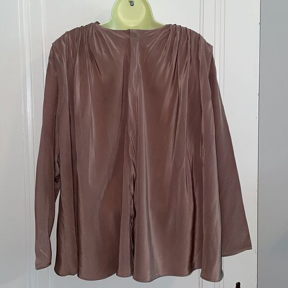 Vtg 70s/80s Jerri Sherman taupe pleated shoulder‎ drape neck long sleeved blouse - Picture 7 of 11